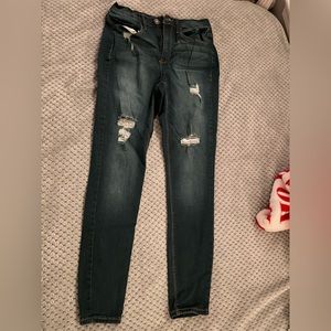 dark wash, ripped jeans